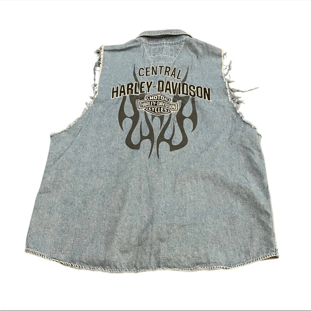 Harley Davidson Distressed Size L Denim Embroidered Grunge Biker Sleeveless Vest